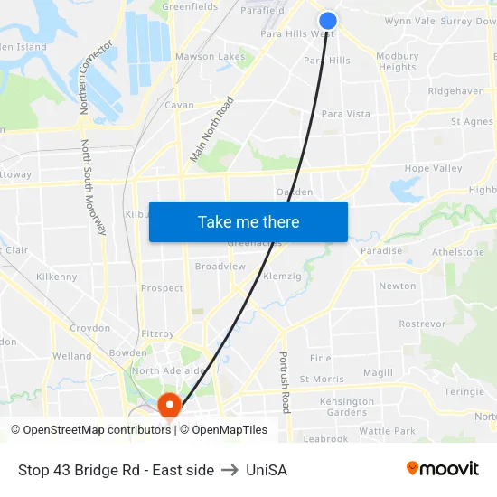 Stop 43 Bridge Rd - East side to UniSA map