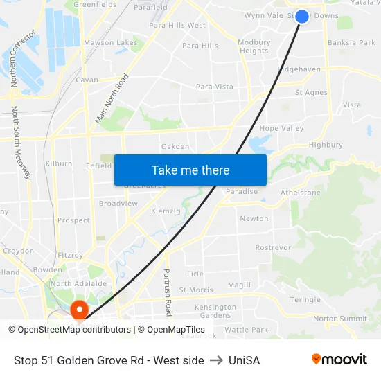 Stop 51 Golden Grove Rd - West side to UniSA map