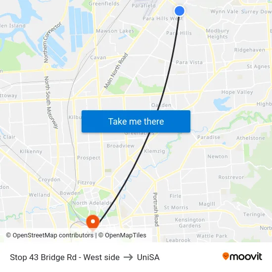 Stop 43 Bridge Rd - West side to UniSA map