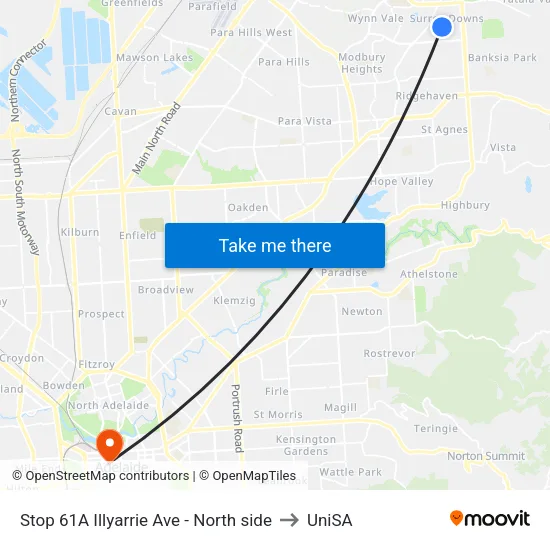 Stop 61A Illyarrie Ave - North side to UniSA map