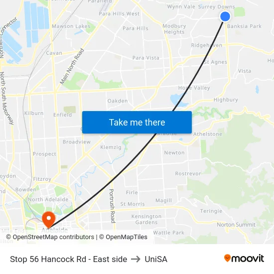 Stop 56 Hancock Rd - East side to UniSA map