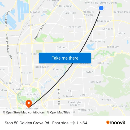 Stop 50 Golden Grove Rd - East side to UniSA map