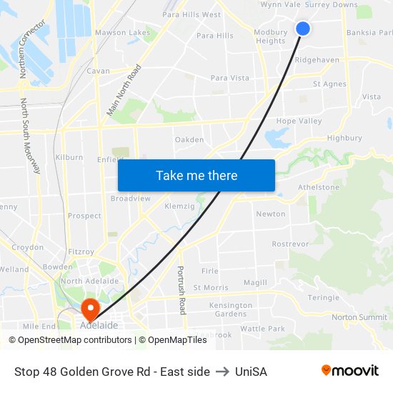 Stop 48 Golden Grove Rd - East side to UniSA map