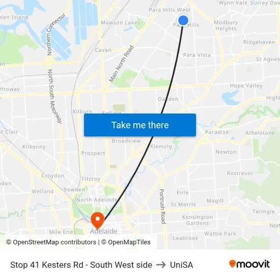 Stop 41 Kesters Rd - South West side to UniSA map