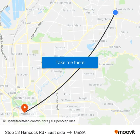 Stop 53 Hancock Rd - East side to UniSA map