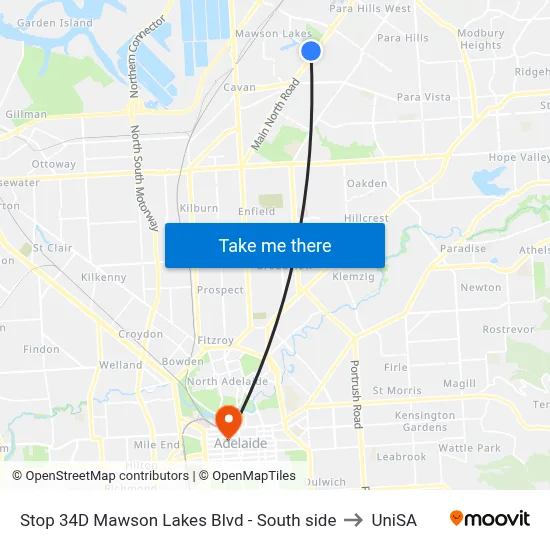 Stop 34D Mawson Lakes Blvd - South side to UniSA map