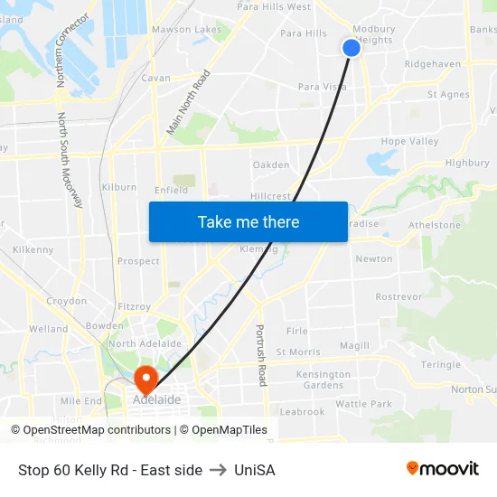 Stop 60 Kelly Rd - East side to UniSA map
