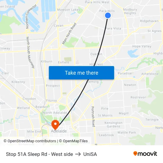 Stop 51A Sleep Rd - West side to UniSA map