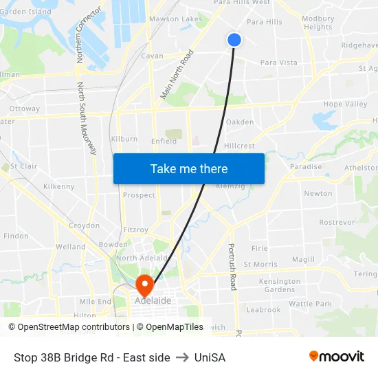 Stop 38B Bridge Rd - East side to UniSA map