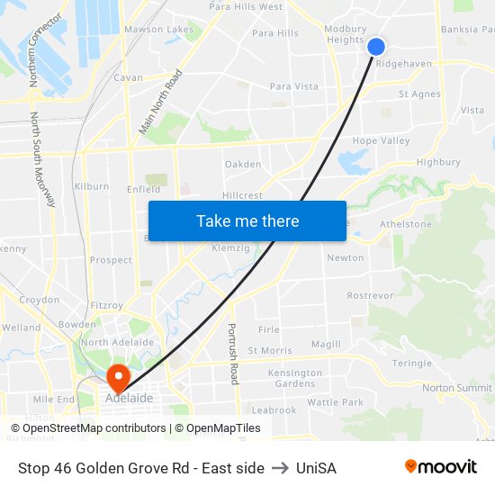 Stop 46 Golden Grove Rd - East side to UniSA map