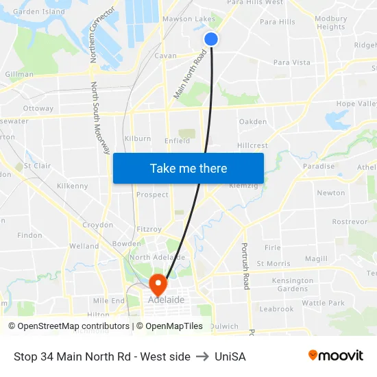 Stop 34 Main North Rd - West side to UniSA map