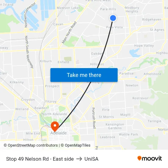 Stop 49 Nelson Rd - East side to UniSA map