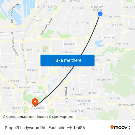 Stop 49 Ladywood Rd - East side to UniSA map