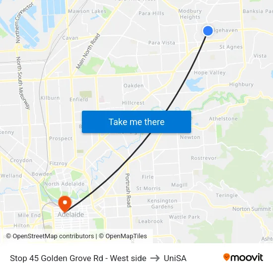 Stop 45 Golden Grove Rd - West side to UniSA map