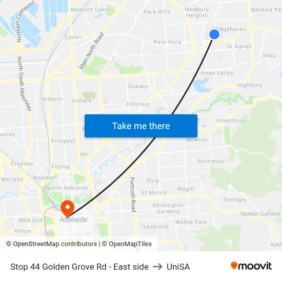 Stop 44 Golden Grove Rd - East side to UniSA map