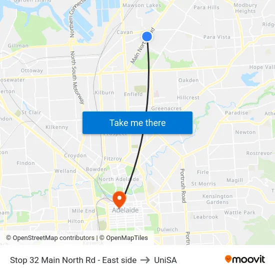 Stop 32 Main North Rd - East side to UniSA map