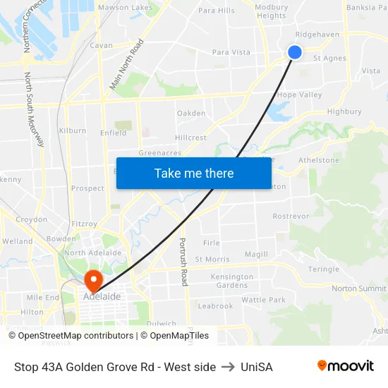 Stop 43A Golden Grove Rd - West side to UniSA map
