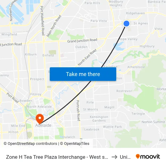 Zone H Tea Tree Plaza Interchange - West side to UniSA map