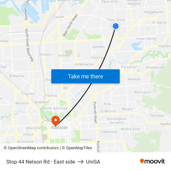 Stop 44 Nelson Rd - East side to UniSA map