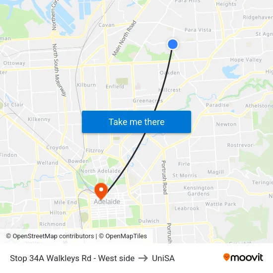Stop 34A Walkleys Rd - West side to UniSA map