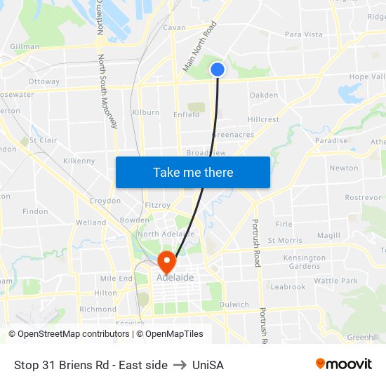 Stop 31 Briens Rd - East side to UniSA map