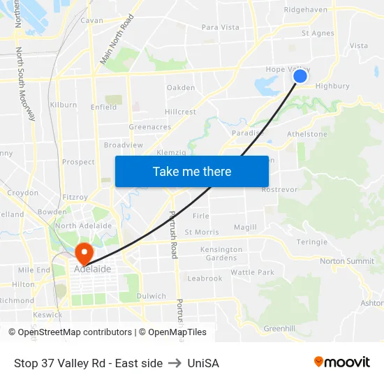 Stop 37 Valley Rd - East side to UniSA map