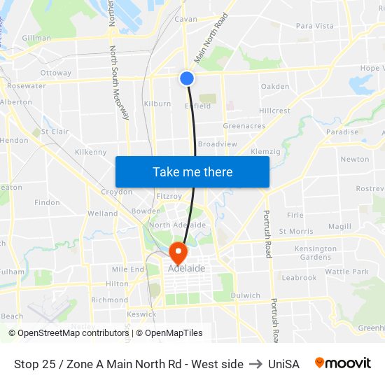 Stop 25 / Zone A Main North Rd - West side to UniSA map