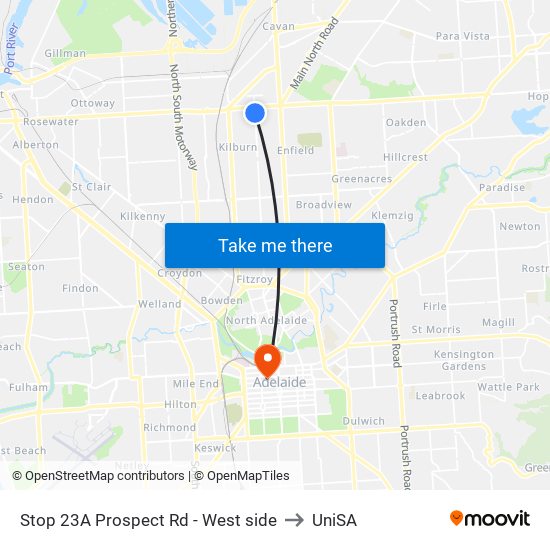 Stop 23A Prospect Rd - West side to UniSA map