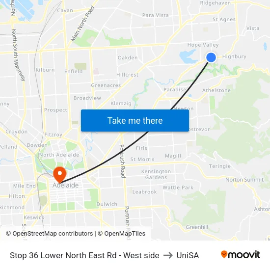 Stop 36 Lower North East Rd - West side to UniSA map
