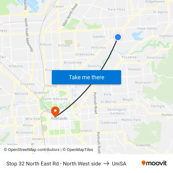 Stop 32 North East Rd - North West side to UniSA map