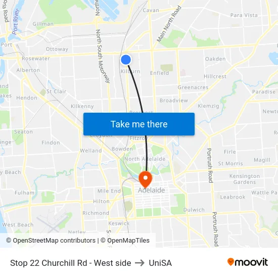 Stop 22 Churchill Rd - West side to UniSA map