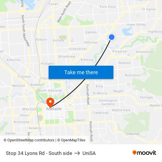 Stop 34 Lyons Rd - South side to UniSA map