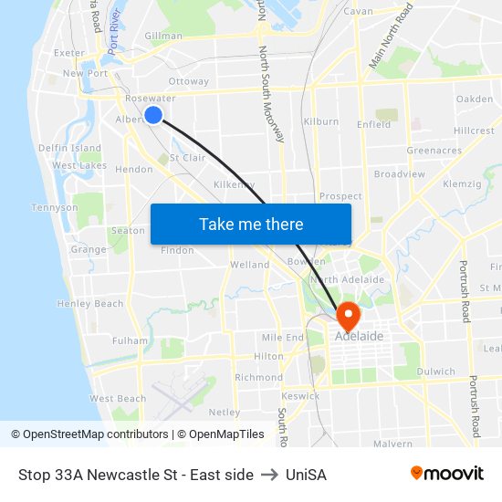 Stop 33A Newcastle St - East side to UniSA map