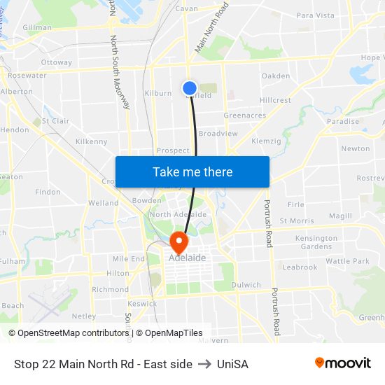 Stop 22 Main North Rd - East side to UniSA map