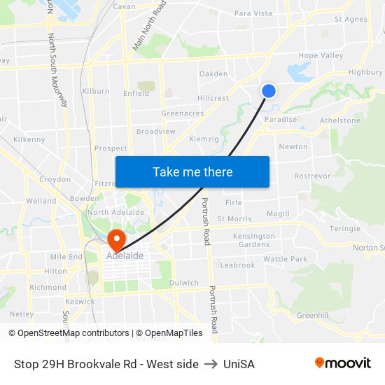 Stop 29H Brookvale Rd - West side to UniSA map