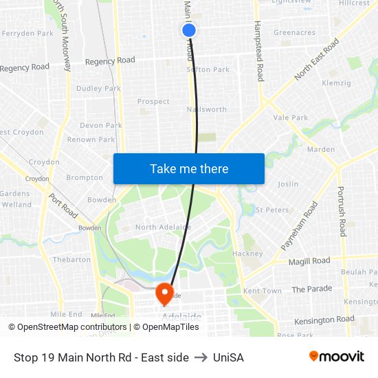 Stop 19 Main North Rd - East side to UniSA map