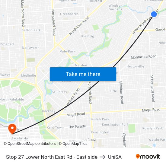 Stop 27 Lower North East Rd - East side to UniSA map