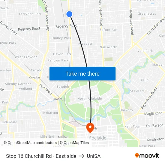 Stop 16 Churchill Rd - East side to UniSA map