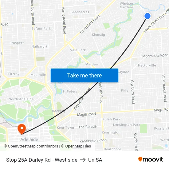 Stop 25A Darley Rd - West side to UniSA map