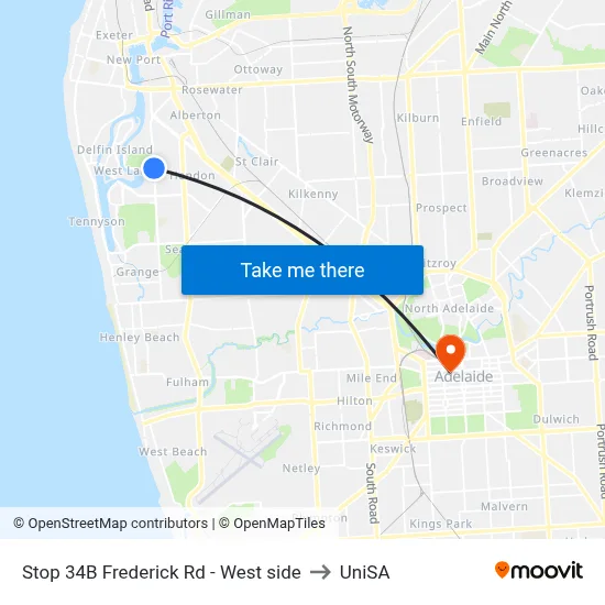 Stop 34B Frederick Rd - West side to UniSA map