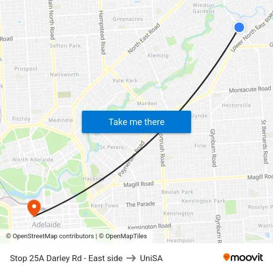 Stop 25A Darley Rd - East side to UniSA map