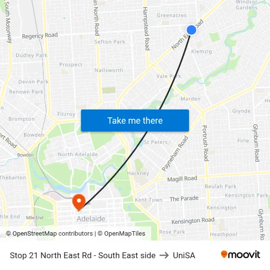 Stop 21 North East Rd - South East side to UniSA map