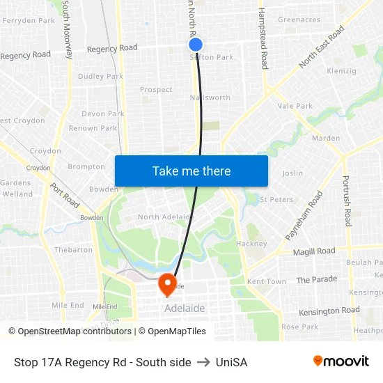 Stop 17A Regency Rd - South side to UniSA map