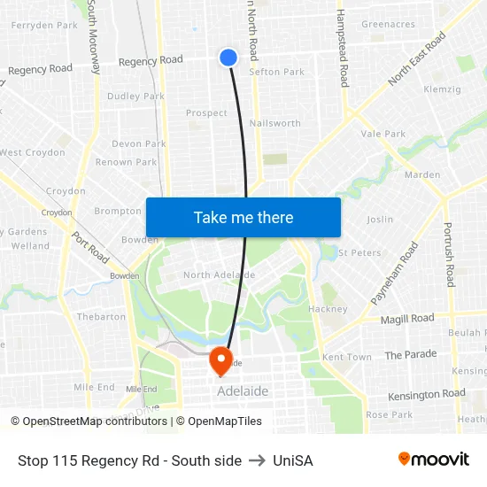 Stop 115 Regency Rd - South side to UniSA map