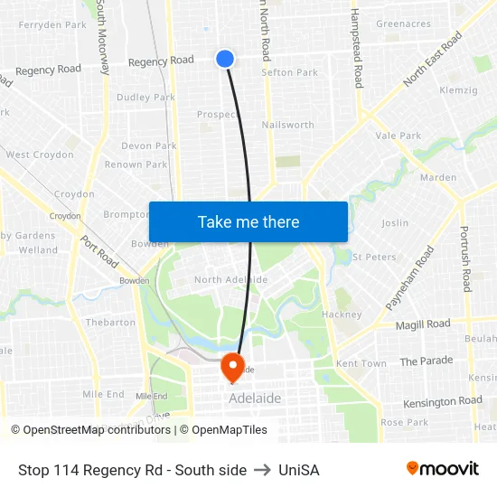 Stop 114 Regency Rd - South side to UniSA map