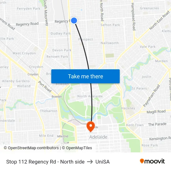 Stop 112 Regency Rd - North side to UniSA map