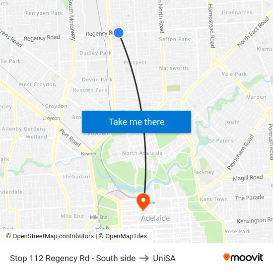 Stop 112 Regency Rd - South side to UniSA map