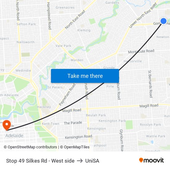 Stop 49 Silkes Rd - West side to UniSA map