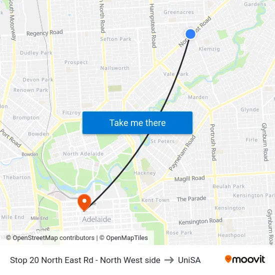 Stop 20 North East Rd - North West side to UniSA map