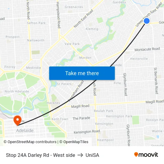 Stop 24A Darley Rd - West side to UniSA map